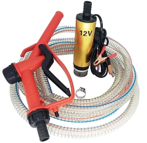 Pachet pompa transfer benzina motorina si alte lichide 12V cu furtun 3 metri si pistol