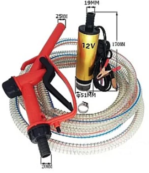 Pachet pompa transfer benzina motorina si alte lichide 12V cu furtun 3 metri si pistol