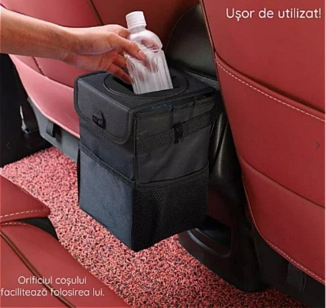 Cos de gunoi auto pliabil cu buzunare de depozitare Negru