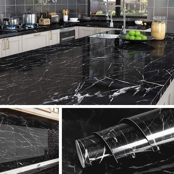Set 2 bucati Folie adeziva neagra, 60x200 cm, imitatie marmura