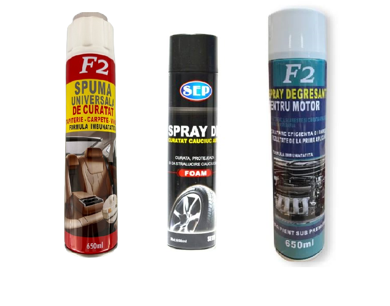 Set 3 Spray-uri ,Spuma curatat tapiterie, Spray solutie activa cauciucuri si Spray curatat si degresat motor