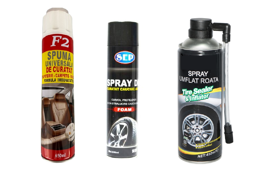 Set 3 spray-uri, Spray pentru curatat tapiterie, Spray solutie activa cauciucuri si Spray pentru reparat anvelope