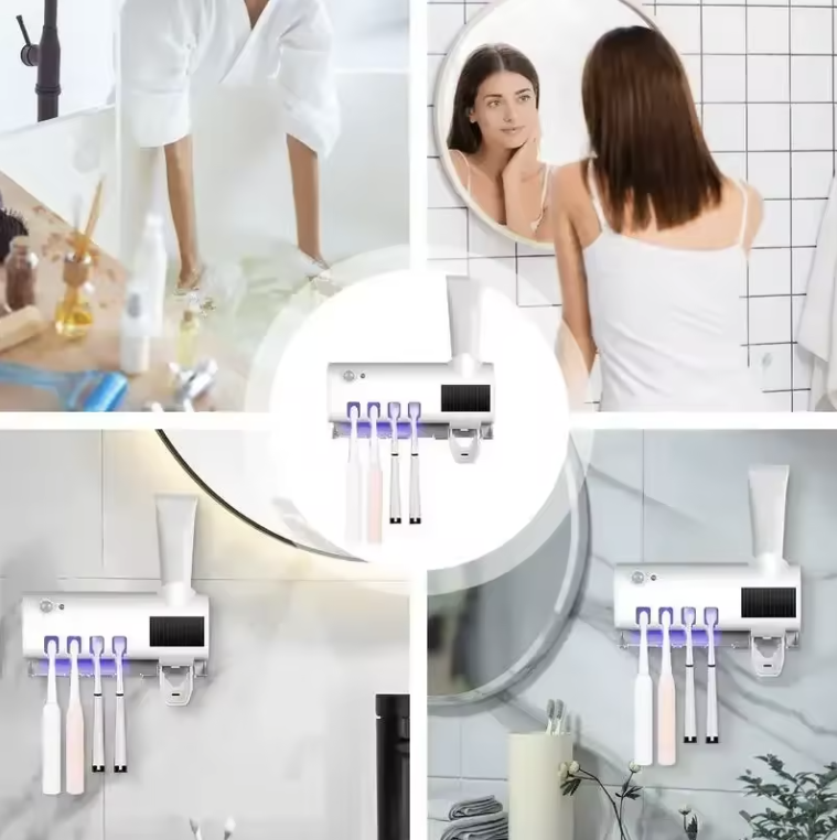 Suport Periuțe de Dinți cu Sterilizare UV, Încărcare Solară și Dispenser Automat de Pastă – Sistem Inteligent pentru Baie 1+1 CADOU