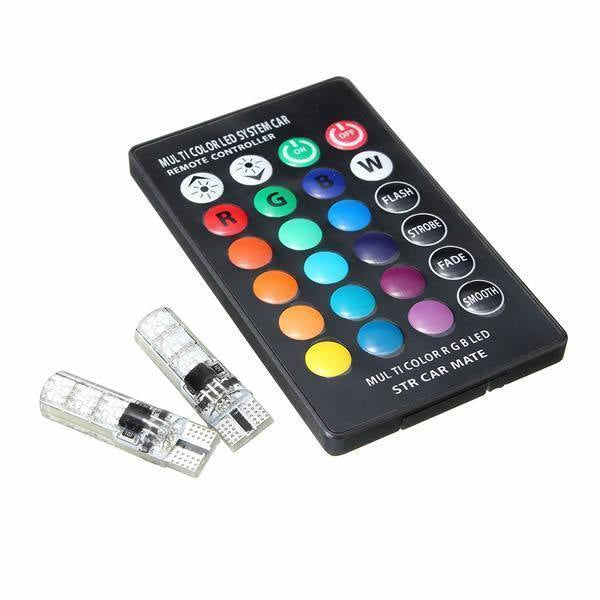 Set 2 becuri auto, T10, Multicolore RGB, cu Telecomanda
