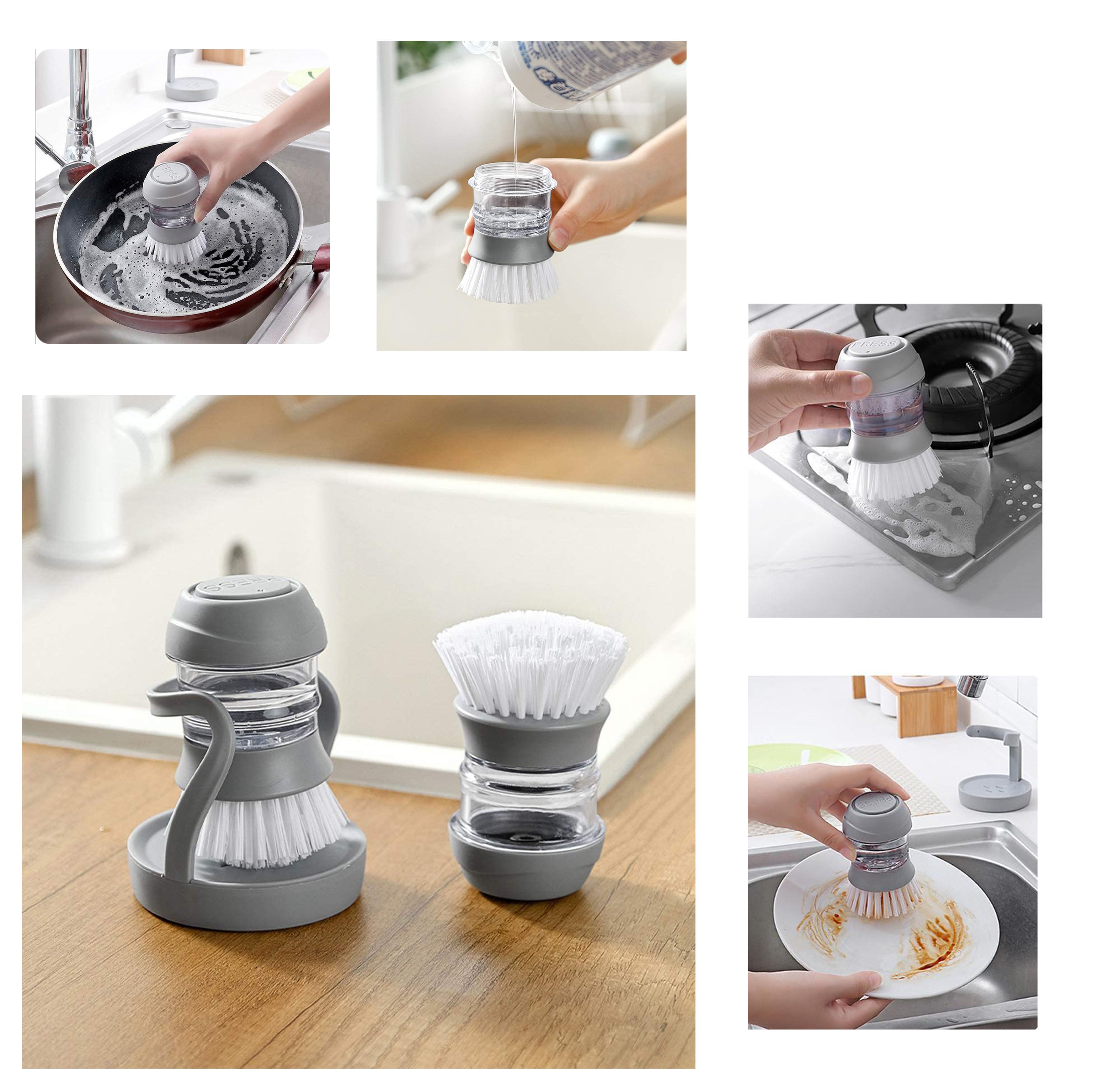 Perie de vase cu dozator detergent, suport depozitare, utilizare universala, forma ergonomica