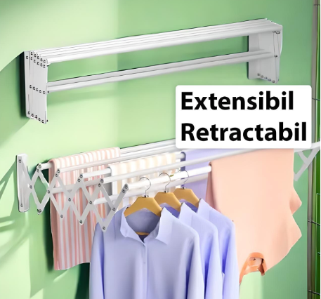 Uscator De Rufe Extensibil, Metal, Montare In Perete, Alb, 5 Bare, 80 cm x 3.5 m
