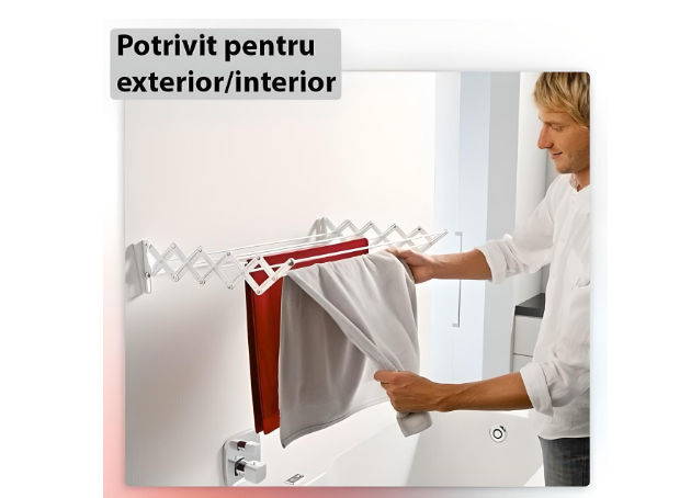 Uscator De Rufe Extensibil, Metal, Montare In Perete, Alb, 5 Bare, 80 cm x 3.5 m