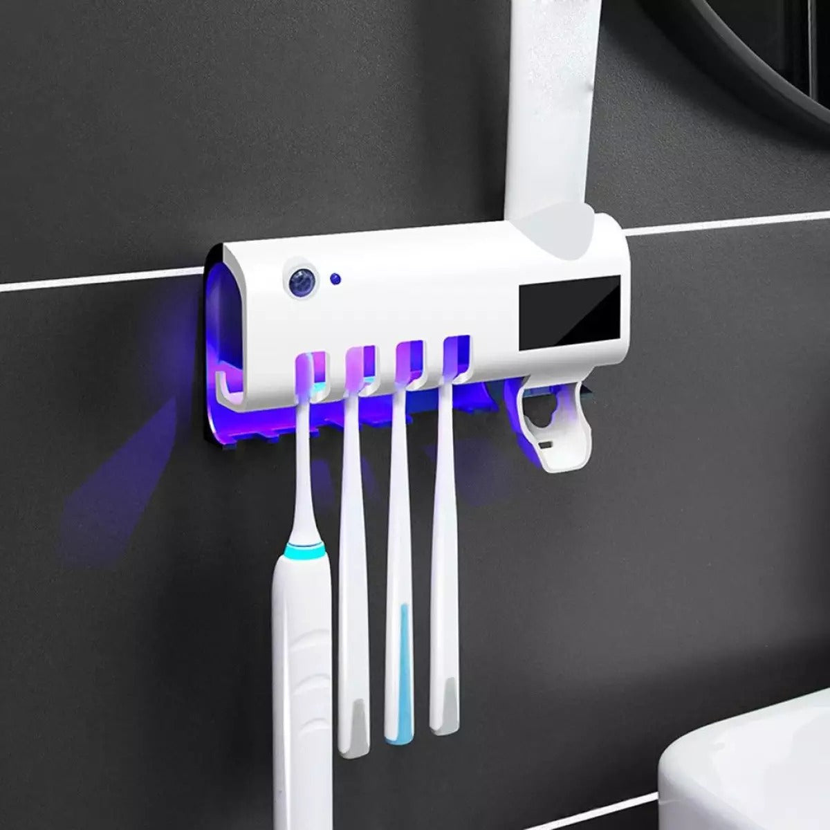 Dispenser pasta de dinti si suport 4 periute, Sterilizare UV si Antibacteriala, Incarcare Solara