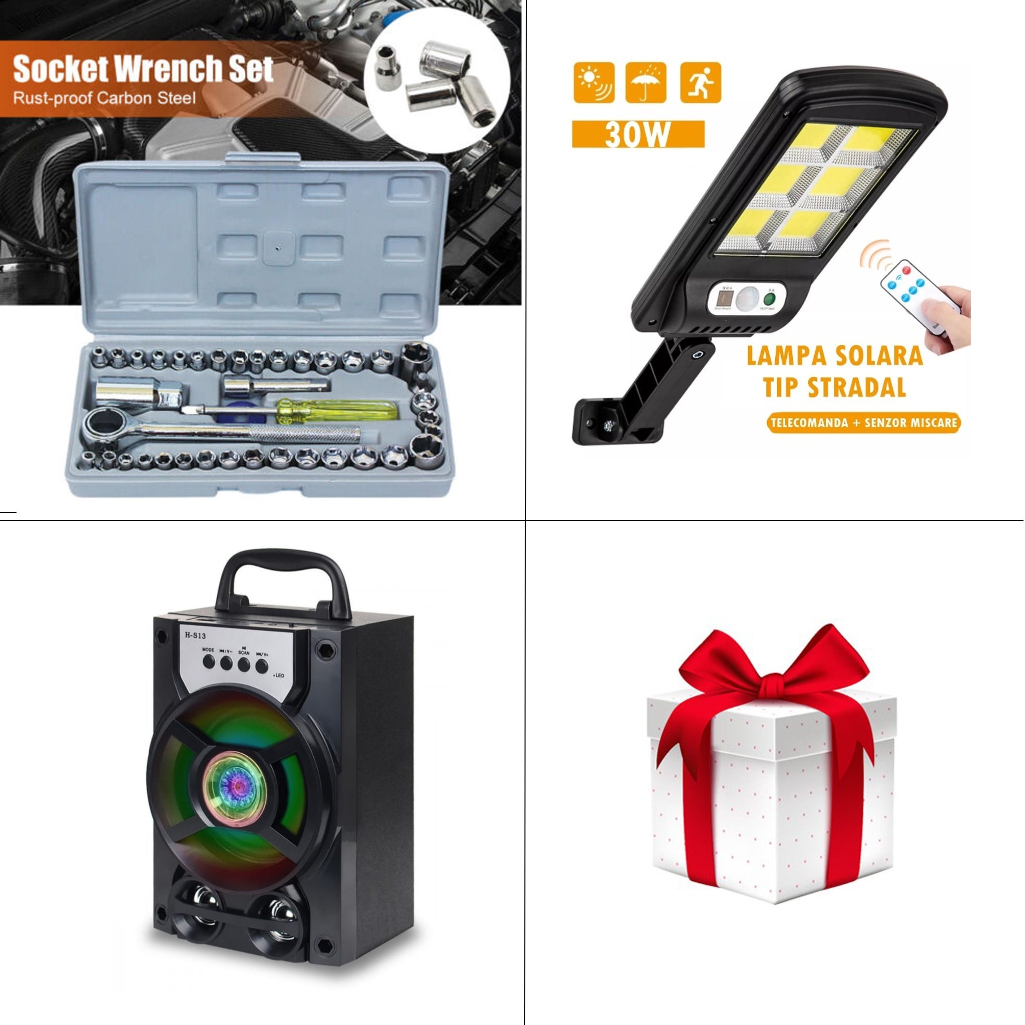 Oferta Promo - Boxa Portabila Bluetooth Radio si Mp3 - Hamac Columbian multicolor cu husa - Lampa Solara cu LED, 30W, 128 COB, telecomanda inclusa - Cadou