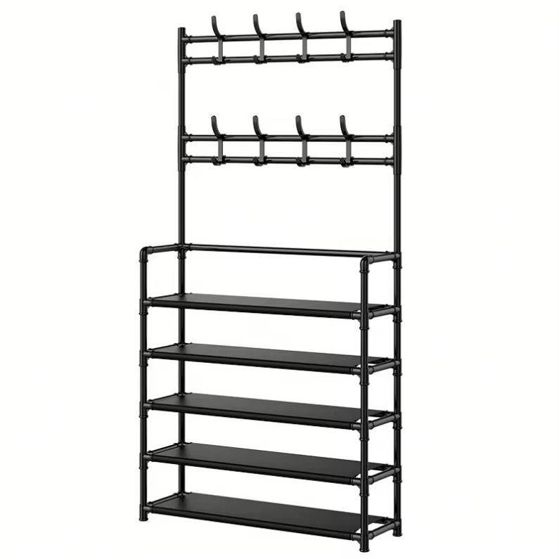 Cuier cu Suport pentru Pantofi, 5 Rafturi și 8 Agățători, 80 x 171 x 28 cm, Negru