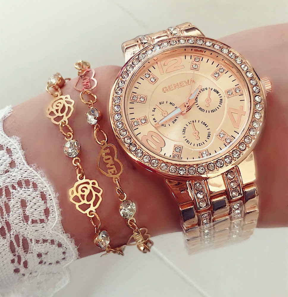 Ceas de dama metalic Geneva Rose cu pietricele