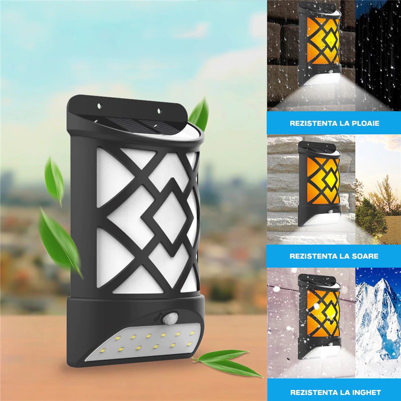 Set 2 Lampi LED Solare Pentru Perete, 2 in 1, Efect De Flacara, Senzor de miscare
