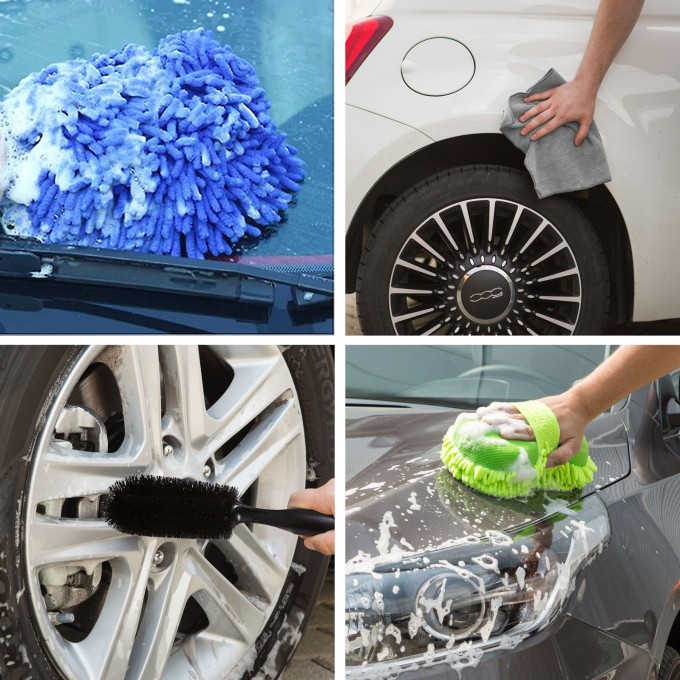 Set 4in1 pentru detailing auto, laveta microfibra, manusa polish, burete de spalat si perie curatare jante